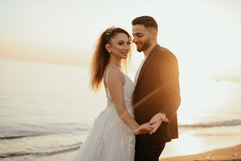 Bride and groom at sunset sharing a romantic portrait